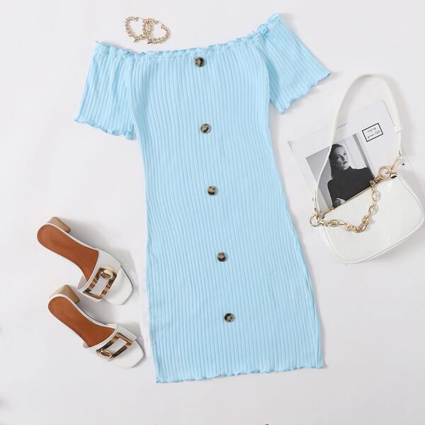 

Button Front Lettuce Edge Bardot Dress, Pastel baby blue