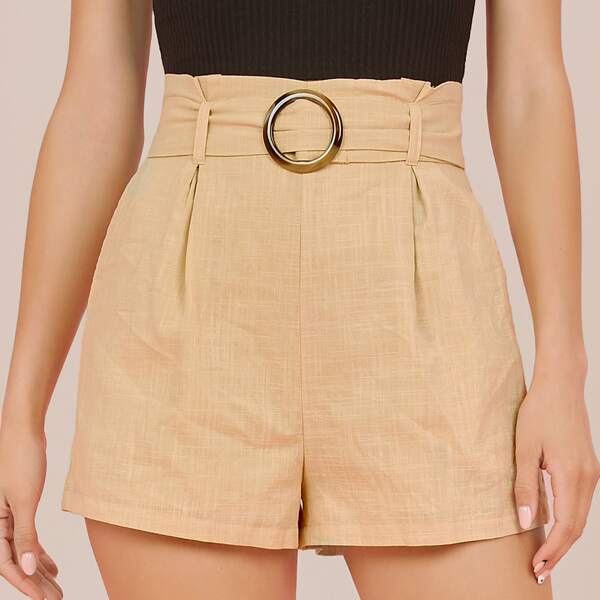 

Paperbag Waist Buckle Belted Shorts, Apricot