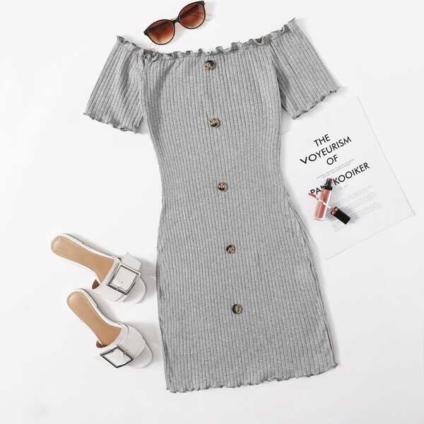 

Button Front Lettuce Edge Bardot Dress, Grey