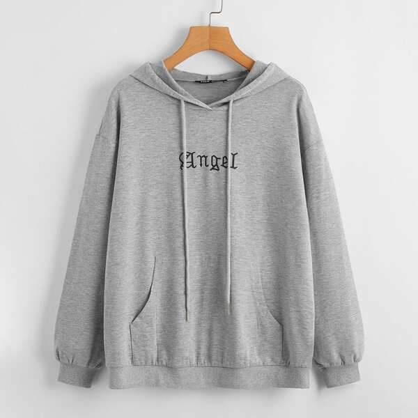 

Drop Shoulder Letter Graphic Drawstring Hoodie, Grey