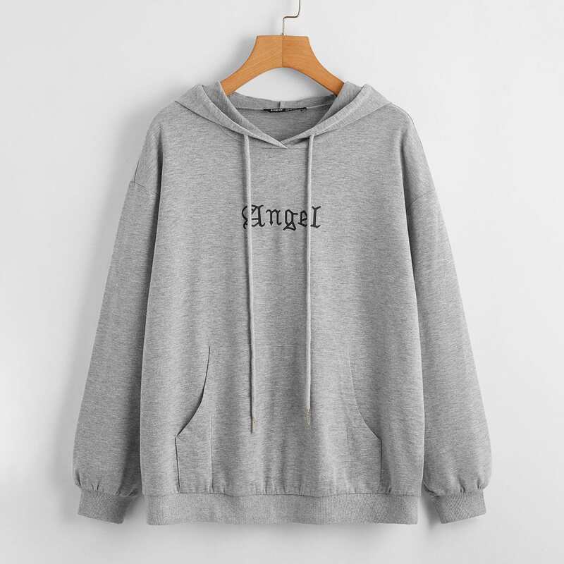 

Drop Shoulder Letter Graphic Drawstring Hoodie, Grey
