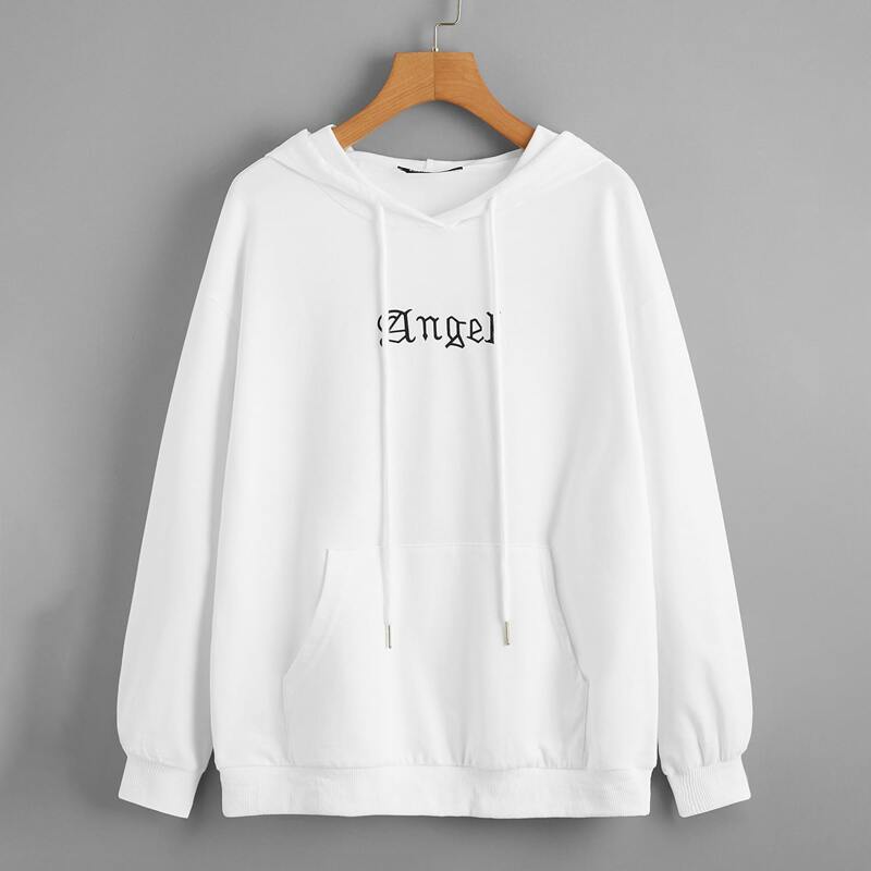 

Drop Shoulder Letter Graphic Drawstring Hoodie, White