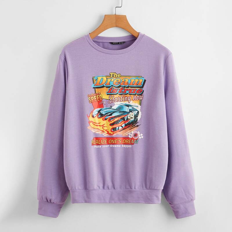 

Slogan and Car Print Sweatshirt, Lilac purple