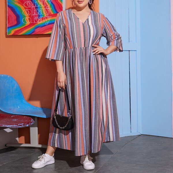 

Plus High Waist Striped Dress, Multicolor