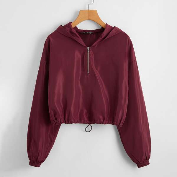 

Zipper Half Placket Drawstring Hem Wind Jacket, Burgundy
