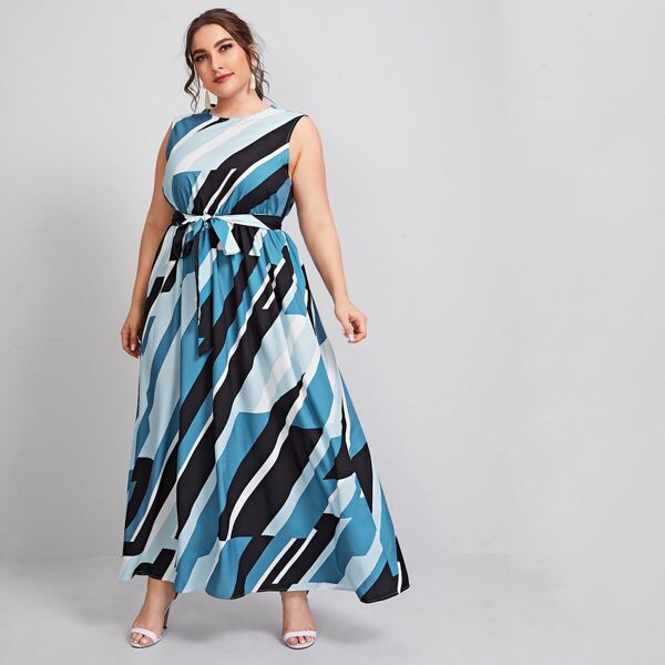 

Plus Colorblock Geo Belted Maxi Dress, Multicolor