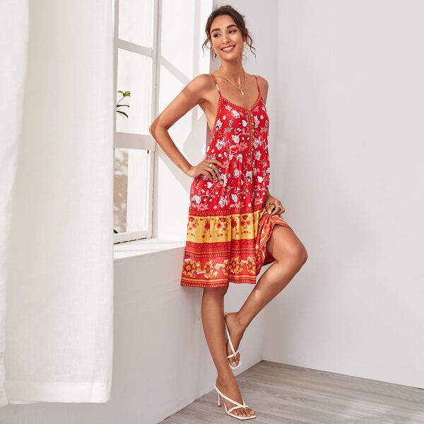 

Floral & Stripe Print Cami Dress, Red