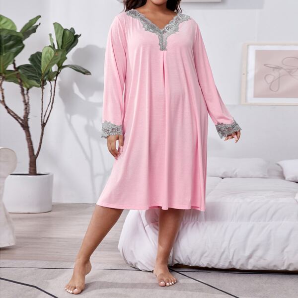 

Plus Contrast Lace Trim Nightdress, Pink