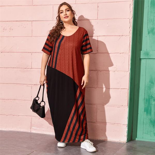 

Plus Color Block Striped Tent Dress, Multicolor