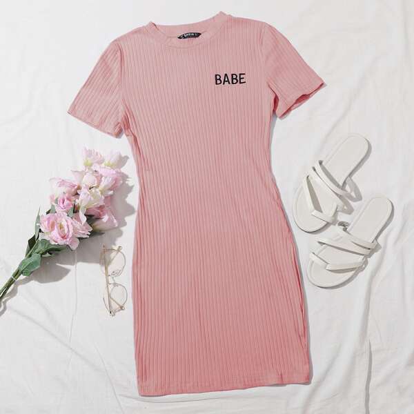 

Embroidery Letter Rib-knit Bodycon Dress, Dusty pink