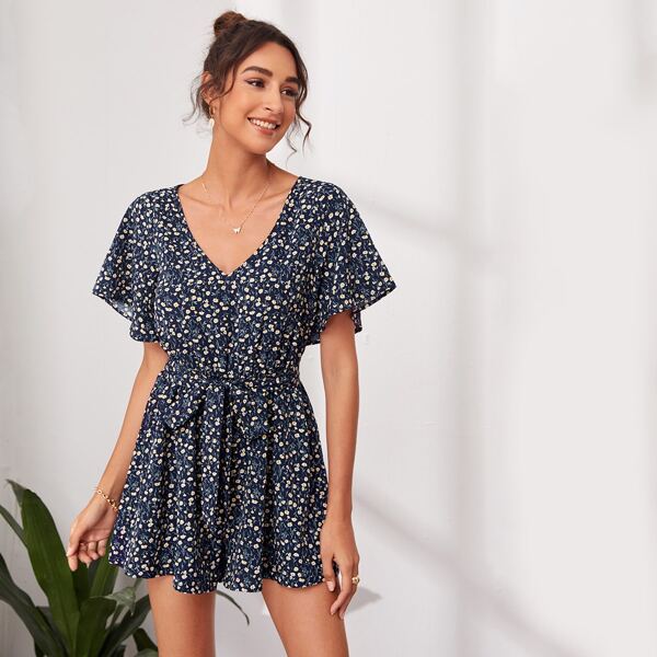

Flutter Sleeve Belted Ditsy Floral Romper, Navy blue