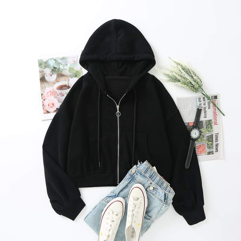 

Drop Shoulder Zip Up Drawstring Hoodie, Black