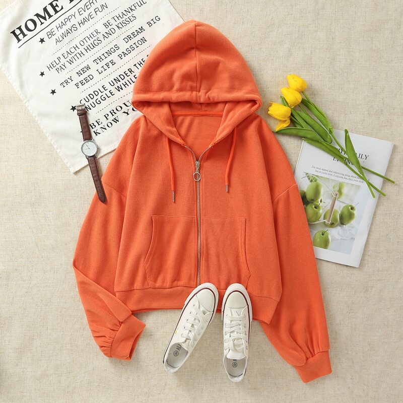 

Drop Shoulder Zip Up Drawstring Hoodie, Orange