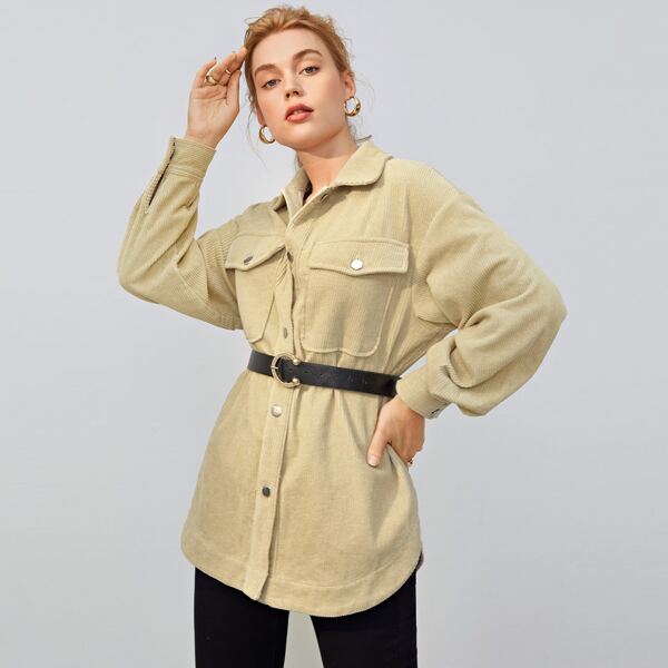 

Flap Pocket Curved Hem Cord Coat Without Belt, Khaki