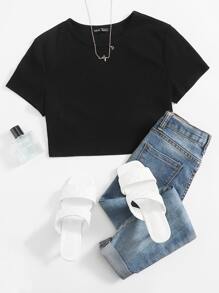 SHEIN EZwear 素色合身短版上衣 - 黑色 - 查看 1