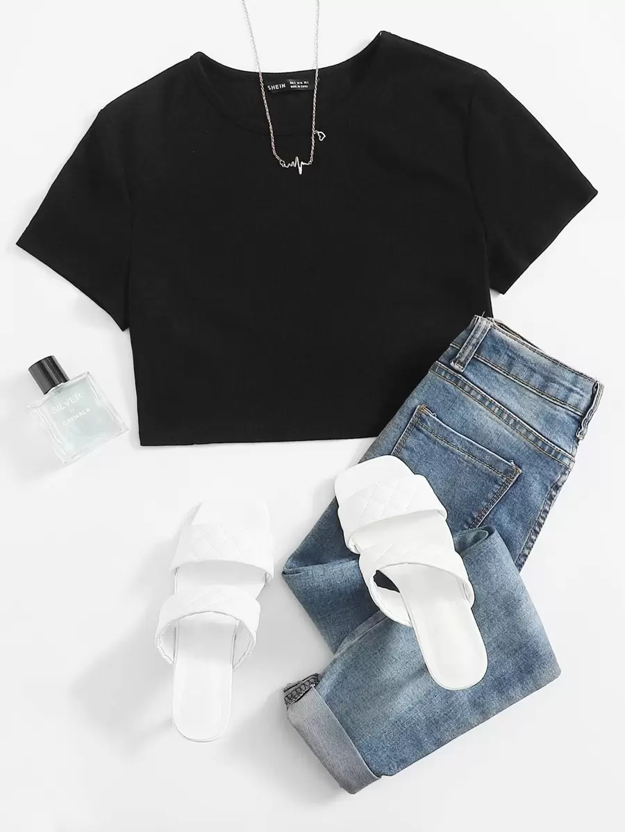 SHEIN EZwear 素色合身短版上衣 - 黑色 - 查看 1