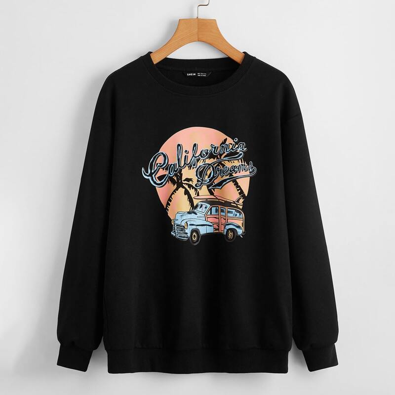 

Letter and Car Print Drop Shoulder Pullover, Black