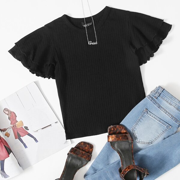 

Flutter Sleeve Rib-knit Top, Black