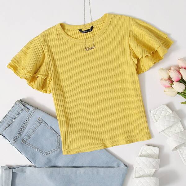 

Layered Flutter Sleeve Rib-knit Tee, Yellow