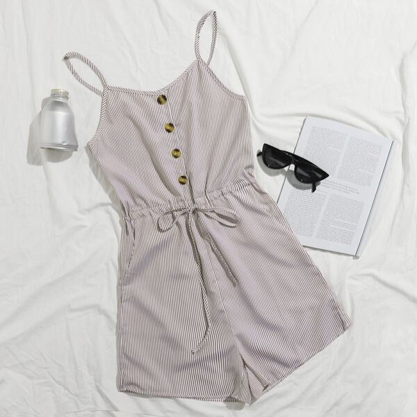 

Button Front Tie Waist Striped Cami Romper, Khaki