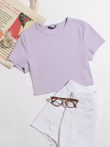 Muchica Solid Rib-knit Crop Top - Lilac Purple - View 1