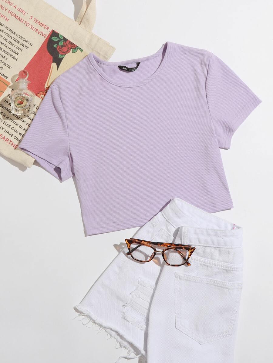 Muchica Solid Rib-knit Crop Top - Lilac Purple - View 1