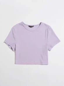 Muchica Solid Rib-knit Crop Top - Lilac Purple - View 3