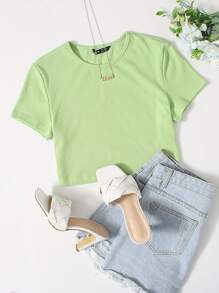 Muchica Solid Rib-knit Crop Top - Lime Green - View 1