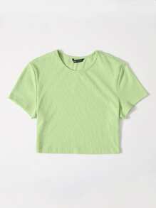 Muchica Solid Rib-knit Crop Top - Lime Green - View 5