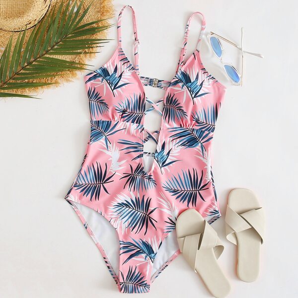 

Tropical Crisscross Plunging One Piece Swimsuit, Pink