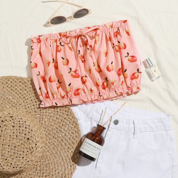 

Frill Trim Tie Front Peach Print Tube Top, Coral pink