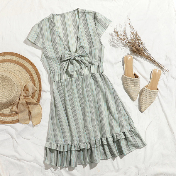 

Tie Front Ruffle Hem Striped Dress, Multicolor