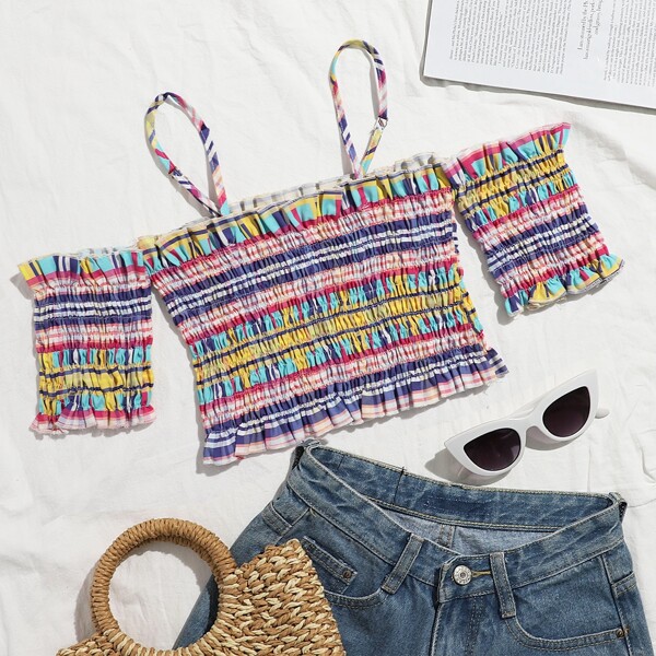 

Cold Shoulder Shirred Striped Top, Multicolor