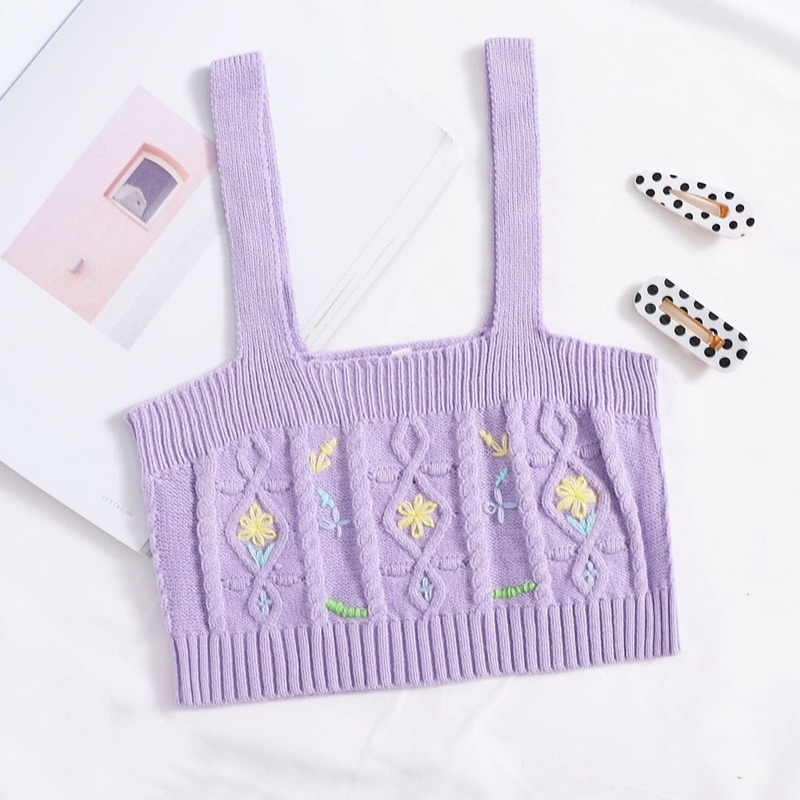 

Embroidered Detail Crop Knit Cami Top, Pastel lilac purple