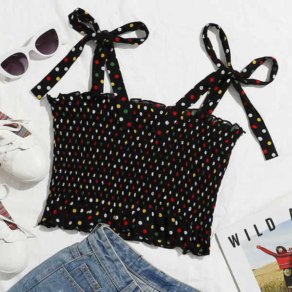 

Frill Trim Shirred Polka Dot Cami Top, Black