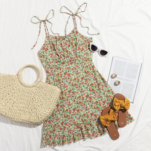 

Ruffle Hem Knotted Ditsy Floral Print Cami Dress, Multicolor