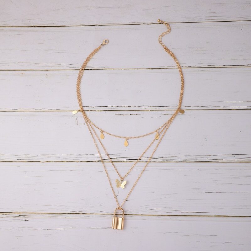 

Lock & Butterfly Decor Layered Necklace, Gold