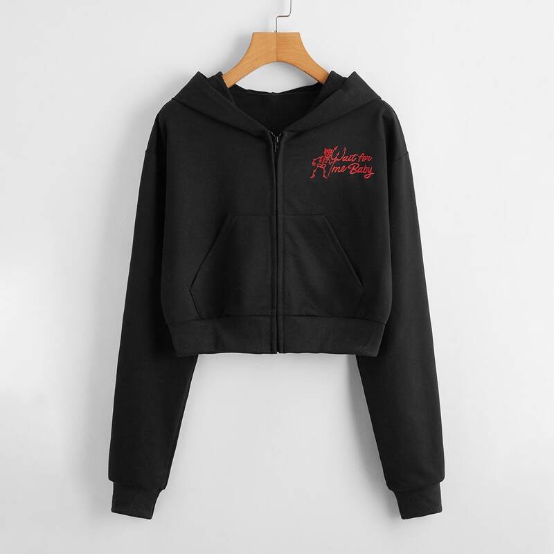 

Kangaroo Pocket Letter Embroidery Hooded Sweatshirt, Black