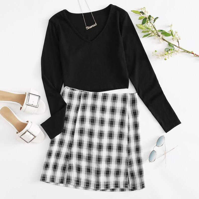 

V Neck Crop Tee & Plaid Split Skirt, Black and white