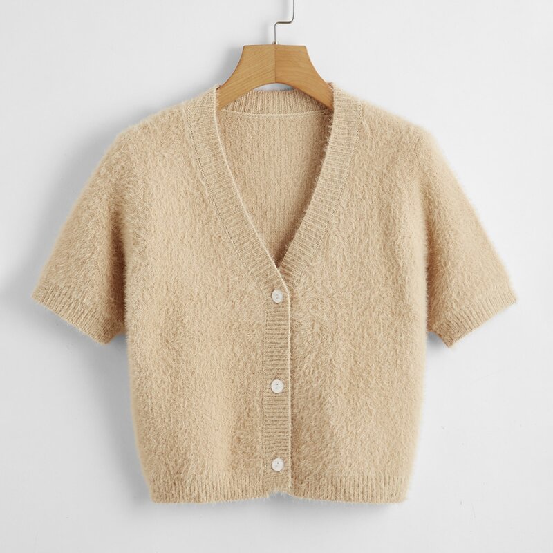 

Fluffy Button Front Crop Cardigan, Khaki
