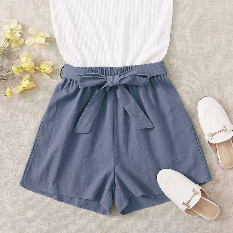 

Colorblock Belted Cami Romper, Blue and white