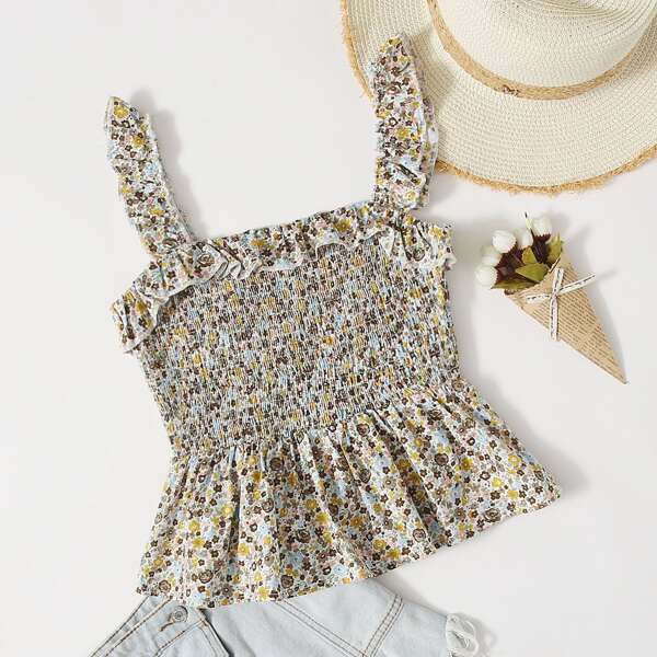 

Girls Ditsy Floral Ruffle Trim Shirred Top, Multicolor