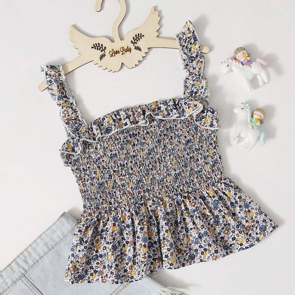 

Girls Ditsy Floral Ruffle Trim Shirred Top, Multicolor