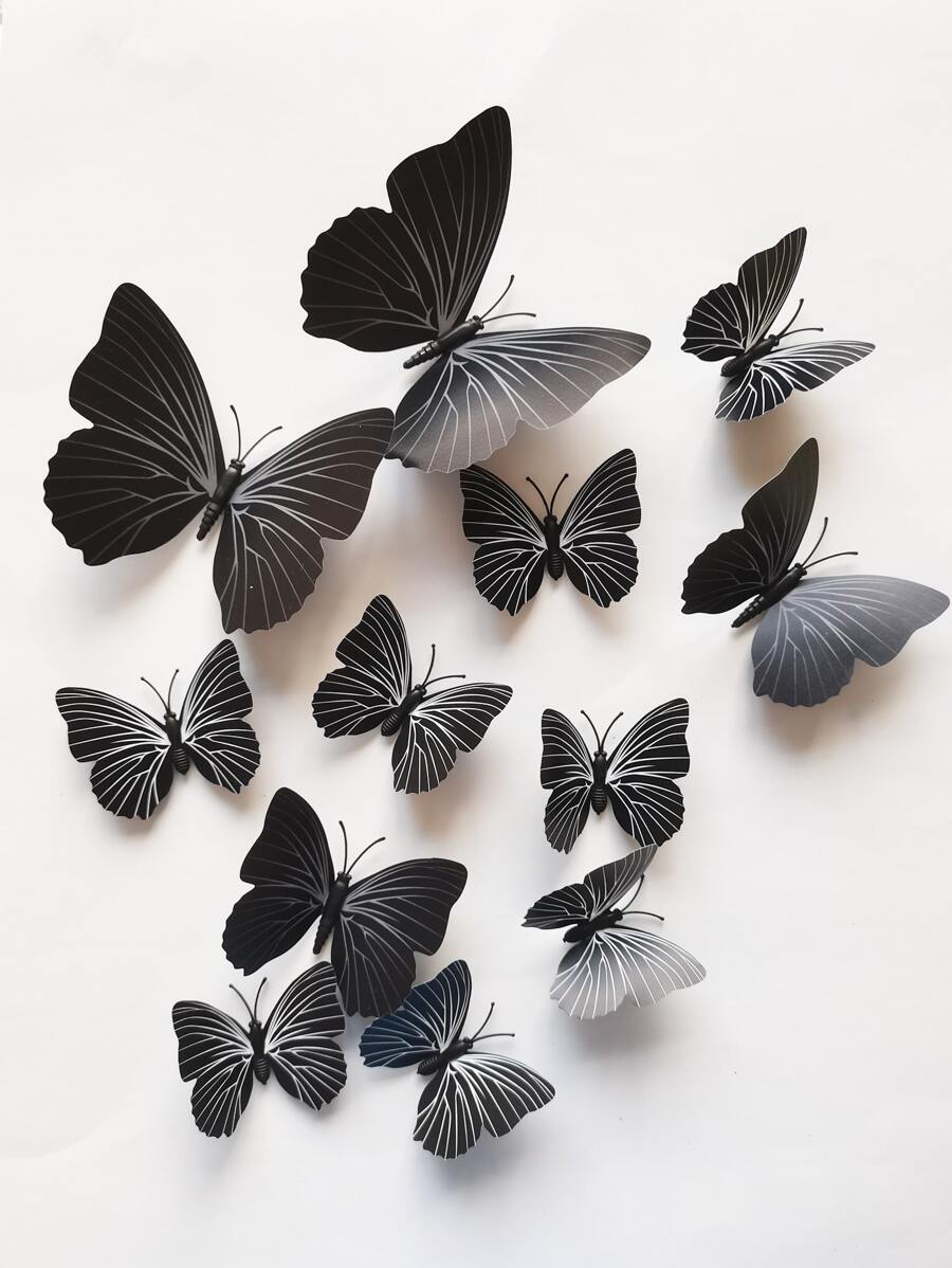12pcs 3D Butterfly Wall Sticker, Modern Plastic Black Butterfly Sticker For Home Decoration, Stickers, Wall Decal, Vinyl Decal For Home Decorations, Spring Decoration Items Refresh Your Home, Festival Decoration Stickers Gifts Birthday Graduation School Decor School Surprise Dormitory Decor Back To School Room Decor School Supplies - Black - View 1