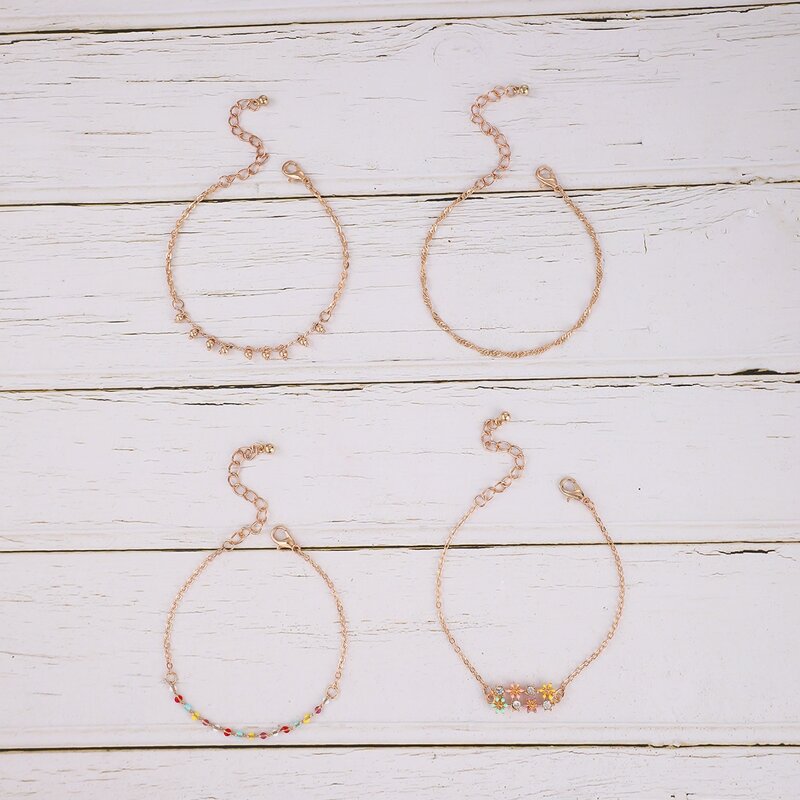 

4pcs Flower & Beaded Chain Bracelet, Multicolor