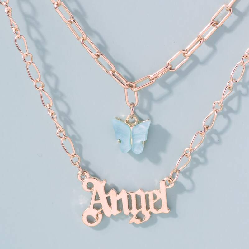 

Butterfly & Letter Layered Chain Necklace, Blue