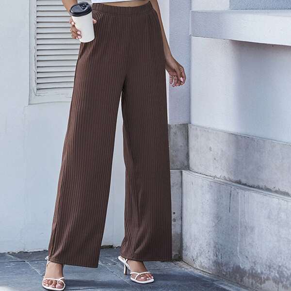 

Rib-knit Elastic Waist Wide Leg Pants, Chocolate brown