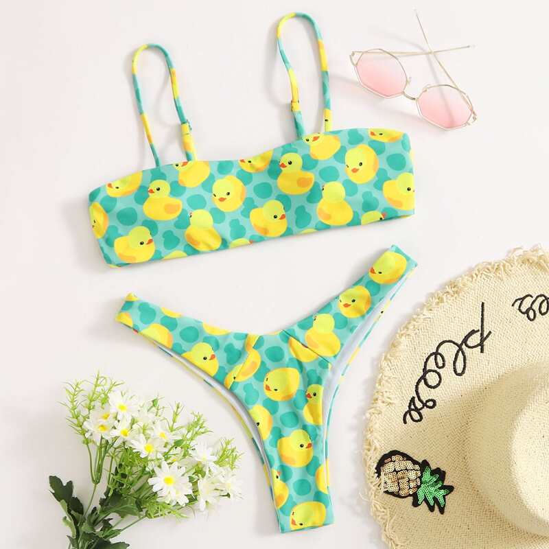 

Cartoon Duck High Leg Bikini Swimsuit, Multicolor