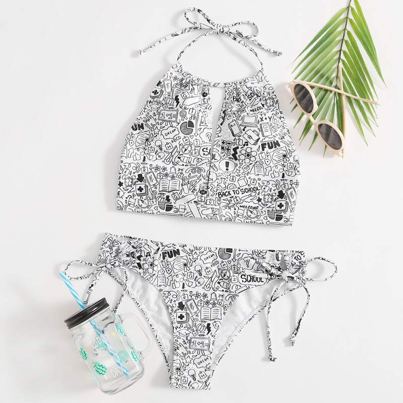 

Graphic Halter Tie Side Bikini Swimsuit, Black and white