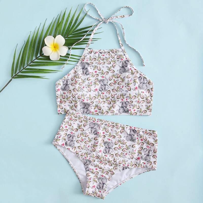 

Elephant & Floral High Waist Bikini Swimsuit, Multicolor